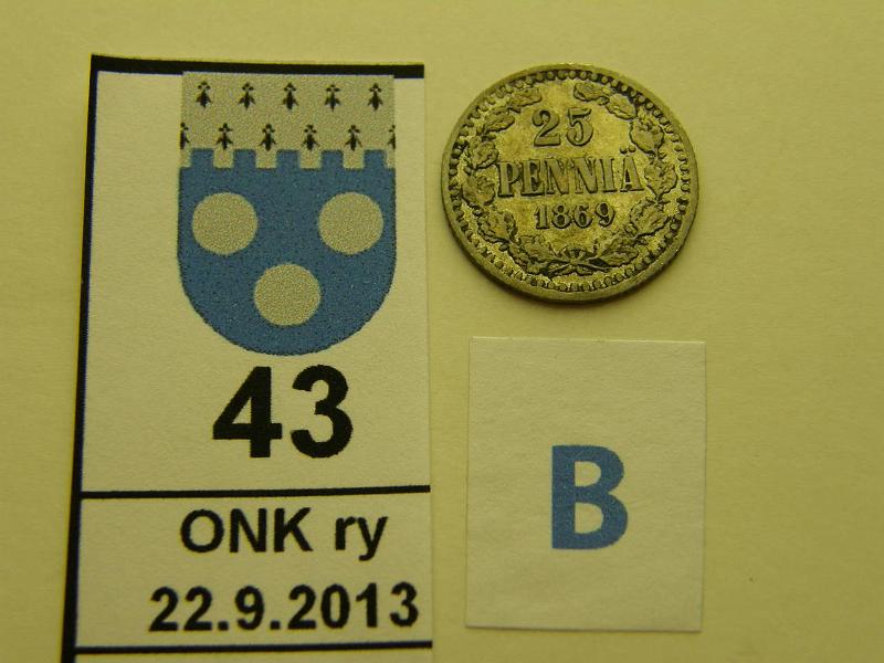 k-0043-b.jpg - Kohde 43 (kuva 2/3), lhthinta: 75 € / myyntihinta: 130 € 25 p 1869 Ag, SNY 269.2.1, oikea kotkankieli nkymttmn ohut. Hyv kansiokappale!, kunto: 5