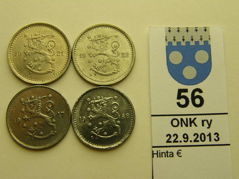 k-0056-a.jpg - Kohde 56, lhthinta: 50 € 50 p 1921-48 (4) CuNi 1921, -23 loisteliaat; Fe 1947 kl7 ruostetta, 1948 8/7 kaunis!, kunto: 7-9