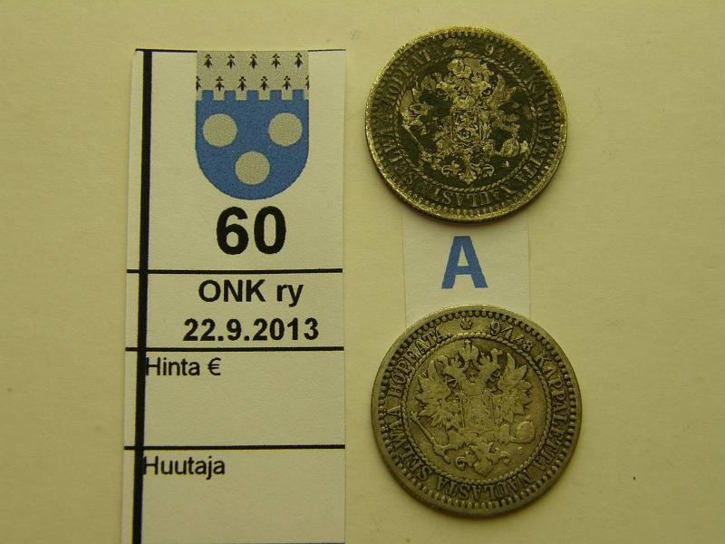 k-0060-a.jpg - Kohde 60 (kuva 1/2), lhthinta: 10 € / myyntihinta: 10 € 1 mk 1866 (2) Ag, toisessa likaa, kunto: 3