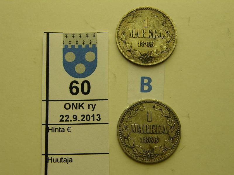 k-0060-b.jpg - Kohde 60 (kuva 2/2), lhthinta: 10 € / myyntihinta: 10 € 1 mk 1866 (2) Ag, toisessa likaa, kunto: 3