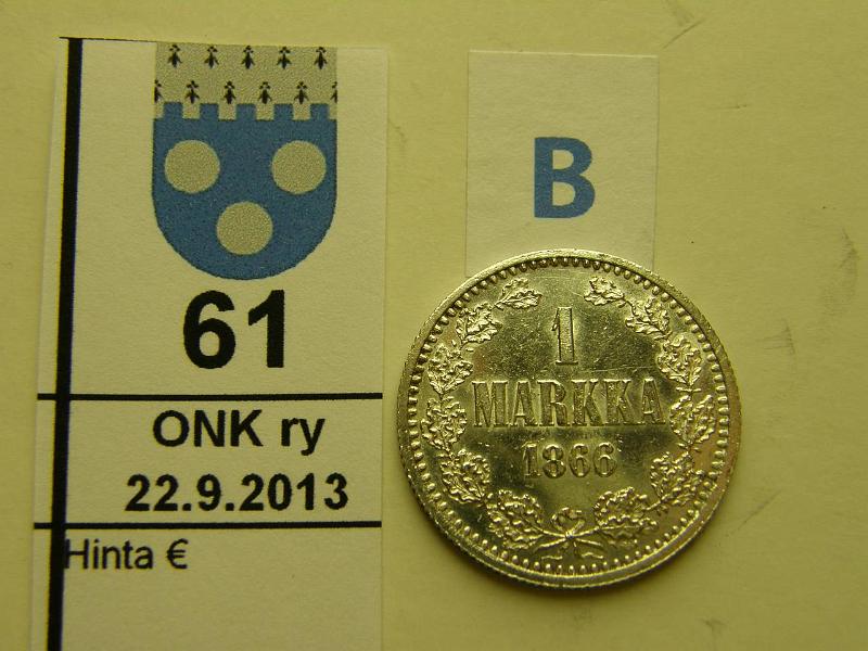 k-0061-b.jpg - Kohde 61 (kuva 2/2), lhthinta: 120 € / myyntihinta: 285 € 1 mk 1866 Ag, SNY 399.2.2, el.puhd, hnja, kaunis! Vuosiluvun jlkimminen n:o 6 ja vaakunap. n:o 4 uudelleenkaiverretut, kunto: 8