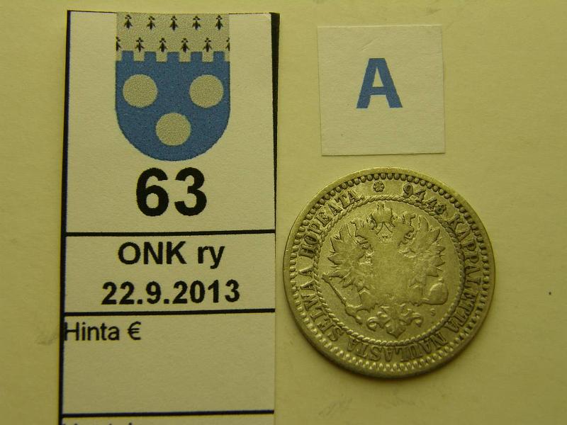 k-0063-a.jpg - Kohde 63 (kuva 1/2), lhthinta: 15 € / myyntihinta: 17 € 1 mk 1867 Ag, SNY 400.1, puhd, kunto: 3