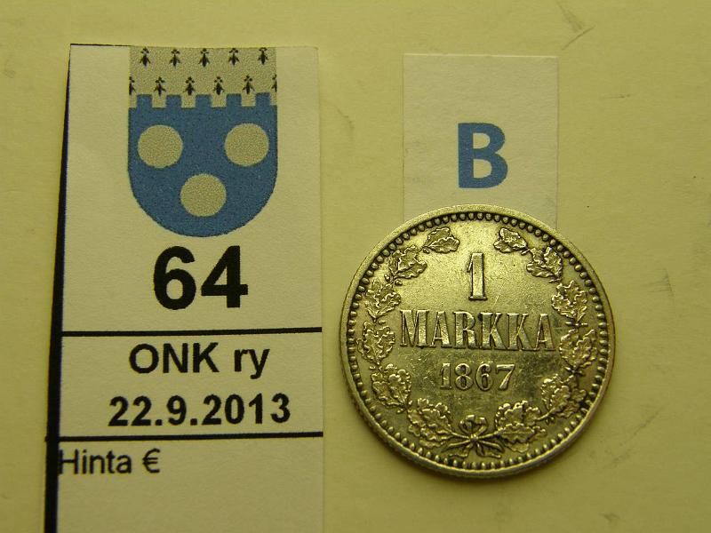 k-0064-b.jpg - Kohde 64 (kuva 2/2), lhthinta: 200 € / myyntihinta: 200 € 1 mk 1867 Ag, SNY 400.1, l.puhd, hyv kunto tlle vuodelle!, kunto: 6/7