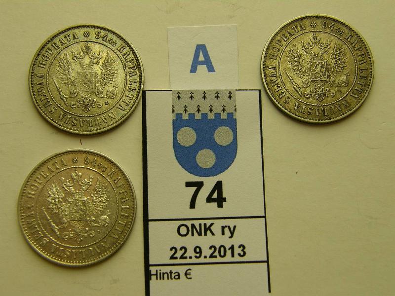 k-0074-a.jpg - Kohde 74 (kuva 1/2), lhthinta: 20 € / myyntihinta: 25 € 1 mk 1907 (3) Ag, kunto: 6-7