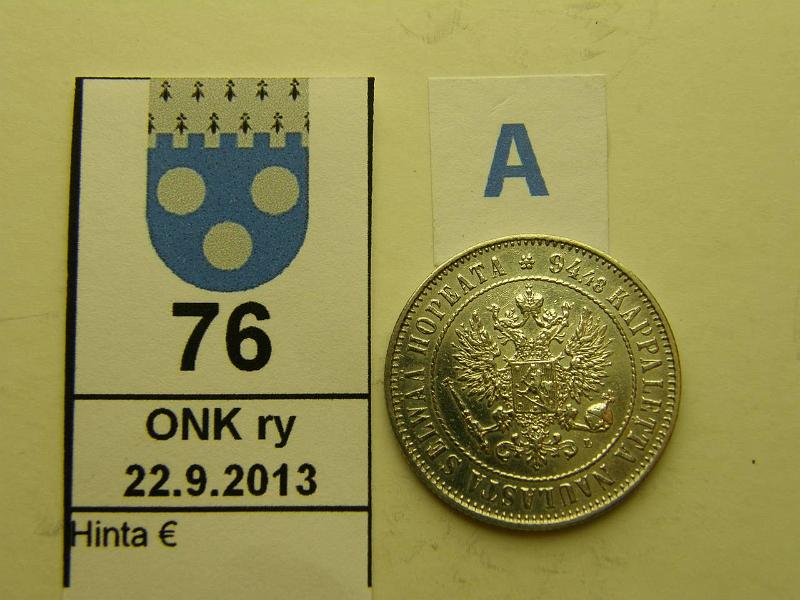 k-0076-a.jpg - Kohde 76 (kuva 1/2), lhthinta: 15 € / myyntihinta: 23 € 1 mk 1908 Ag, l.puhd, kunto: 7