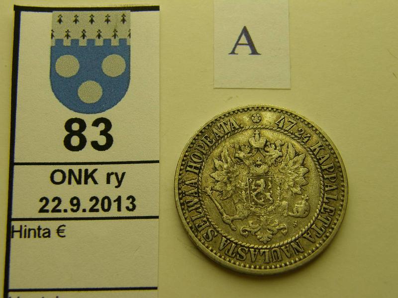 k-0083-a.jpg - Kohde 83 (kuva 1/2), lhthinta: 15 € / myyntihinta: 21 € 2 mk 1865 Ag, SNY 493.2, ei palloja, kunto: 4