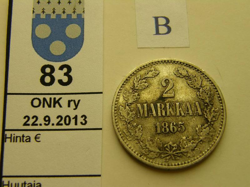 k-0083-b.jpg - Kohde 83 (kuva 2/2), lhthinta: 15 € / myyntihinta: 21 € 2 mk 1865 Ag, SNY 493.2, ei palloja, kunto: 4