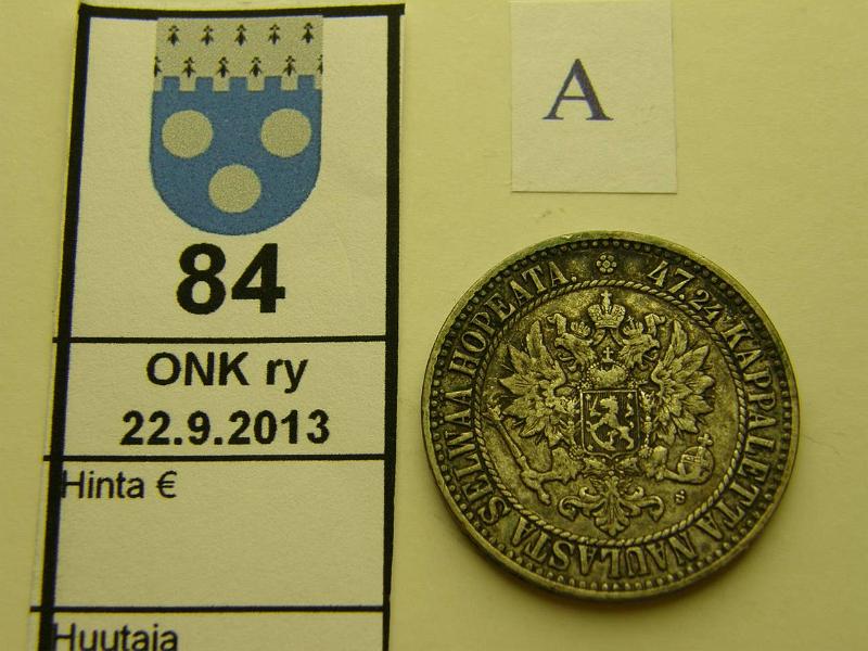 k-0084-a.jpg - Kohde 84 (kuva 1/2), lhthinta: 15 € / myyntihinta: 22 € 2 mk 1865 Ag, SNY 493.2, ei palloja, kunto: 5