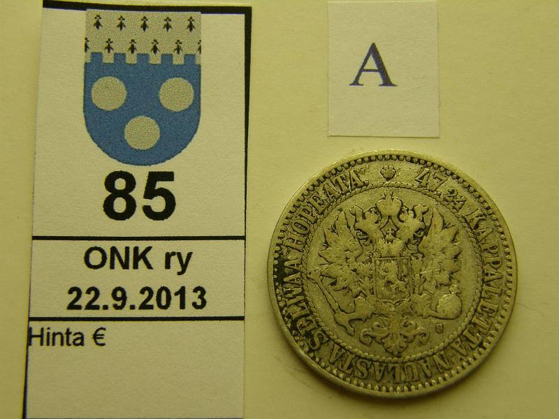 k-0085-a.jpg - Kohde 85 (kuva 1/2), lhthinta: 15 € / myyntihinta: 15 € 2 mk 1865 Ag, SNY 493.2, ei palloja, puhd, likaa, kunto: 3