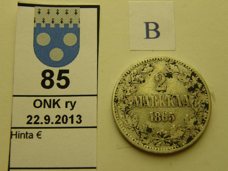 k-0085-b.jpg - Kohde 85 (kuva 2/2), lhthinta: 15 € / myyntihinta: 15 € 2 mk 1865 Ag, SNY 493.2, ei palloja, puhd, likaa, kunto: 3