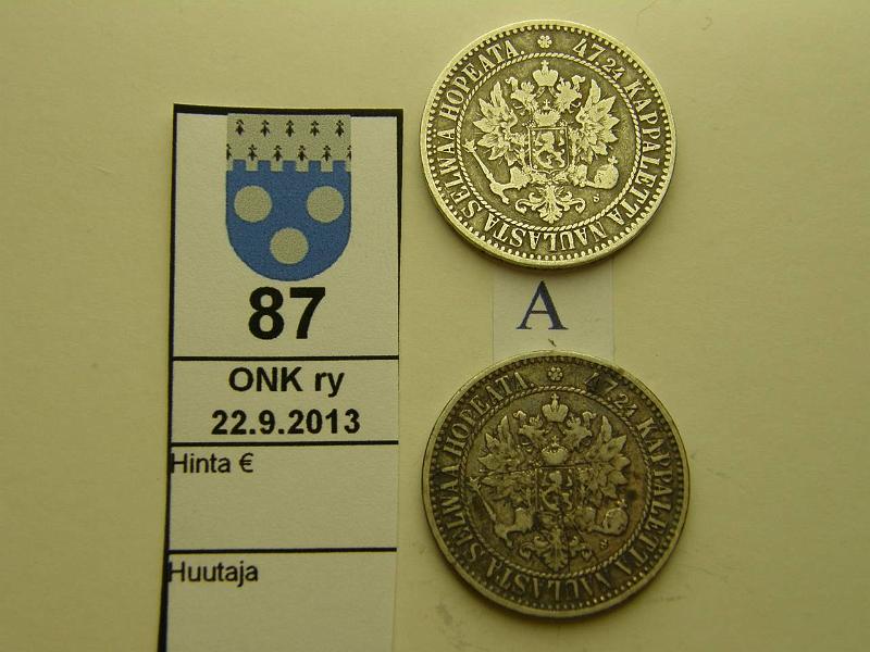 k-0087-a.jpg - Kohde 87 (kuva 1/2), lhthinta: 30 € / myyntihinta: 48 € 2 mk 1866 (2) Ag, SNY 494.1, nja, kunto: 4/3