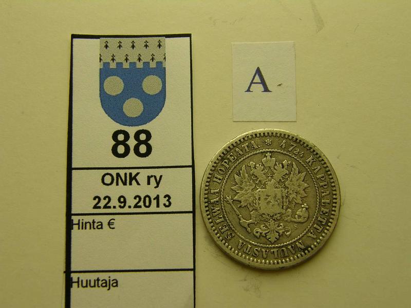 k-0088-a.jpg - Kohde 88 (kuva 1/2), lhthinta: 12 € / myyntihinta: 16 € 2 mk 1870 Ag, prvja, kunto: 4