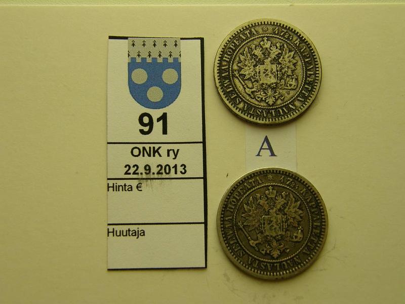 k-0091-a.jpg - Kohde 91 (kuva 1/2), lhthinta: 30 € / myyntihinta: 38 € 2 mk 1870 (2) Ag, kunto: 3-4