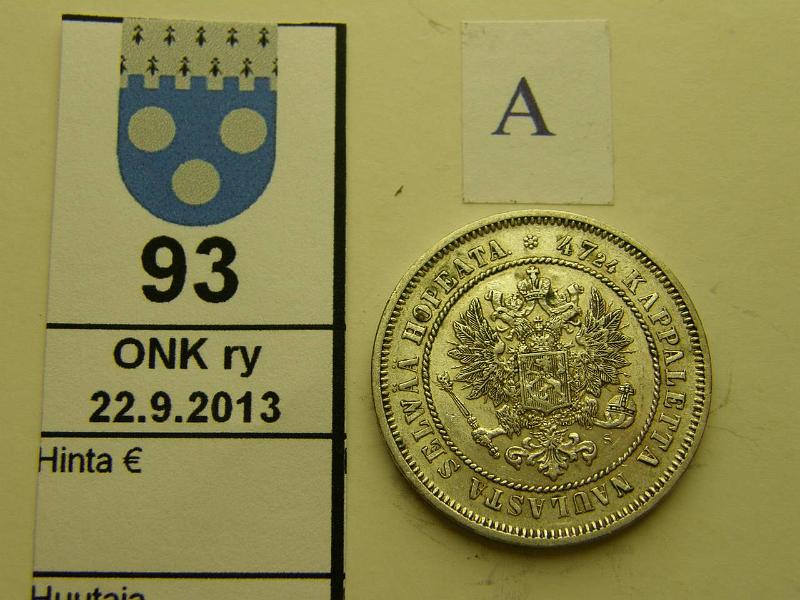 k-0093-a.jpg - Kohde 93 (kuva 1/2), lhthinta: 50 € / myyntihinta: 62 € 2 mk 1872 Ag, l.puhd, hyv kunto tlle v:lle, kunto: 6