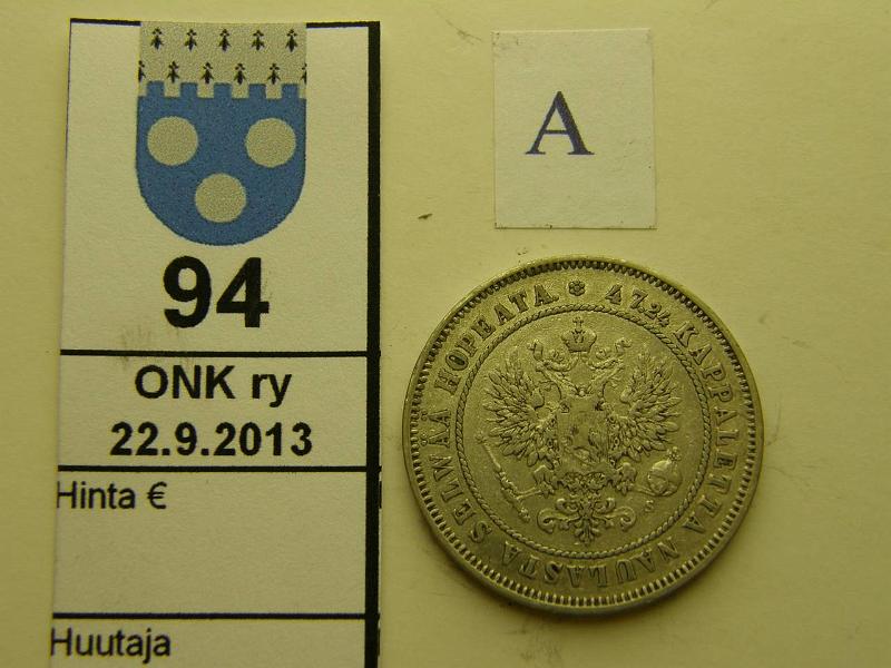 k-0094-a.jpg - Kohde 94 (kuva 1/2), lhthinta: 15 € / myyntihinta: 15 € 2 mk 1874 Ag, prvja, kunto: 