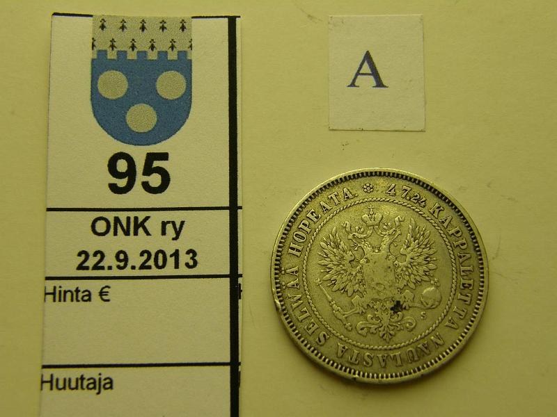 k-0095-a.jpg - Kohde 95 (kuva 1/2), lhthinta: 15 € / myyntihinta: 15 € 2 mk 1874 Ag, likaa, rvja, kunto: 