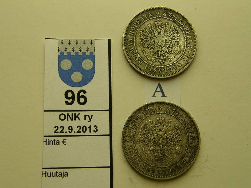 k-0096-a.jpg - Kohde 96 (kuva 1/2), lhthinta: 30 € / myyntihinta: 30 € 2 mk 1874 (2) Ag, toinen hieman taipunut, kunto: 3-4