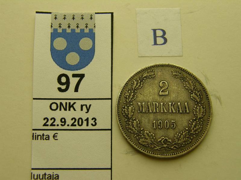 k-0097-b.jpg - Kohde 97 (kuva 2/2), lhthinta: 200 € / myyntihinta: 330 € 2 mk 1905 Ag, eprv, kunto: 5