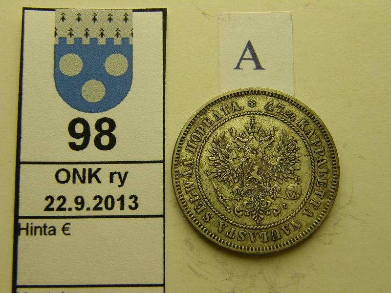 k-0098-a.jpg - Kohde 98 (kuva 1/2), lhthinta: 15 € / myyntihinta: 36 € 2 mk 1906 Ag, SNY 500.2, kunto: 5