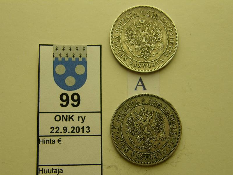 k-0099-a.jpg - Kohde 99 (kuva 1/2), lhthinta: 30 € / myyntihinta: 43 € 2 mk 1906 (2) Ag, SNY 500.2, kunto: 4