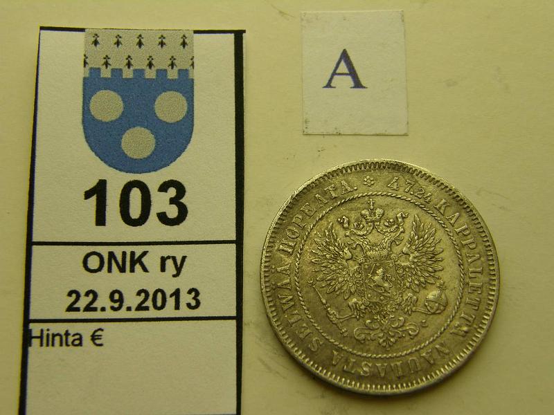 k-0103-a.jpg - Kohde 103 (kuva 1/2), lhthinta: 15 € / myyntihinta: 15 € 2 mk 1908 Ag, ollut ripustettuna, l.puhd, kunto: 4/5