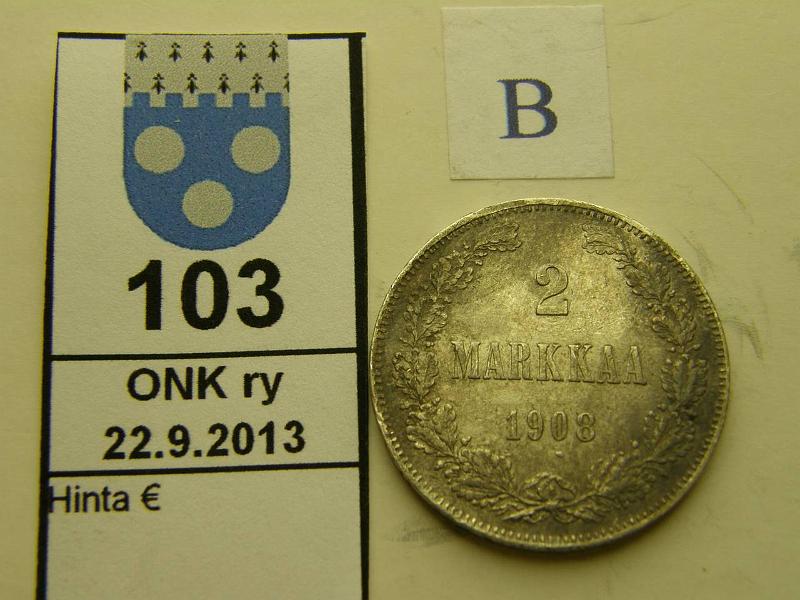 k-0103-b.jpg - Kohde 103 (kuva 2/2), lhthinta: 15 € / myyntihinta: 15 € 2 mk 1908 Ag, ollut ripustettuna, l.puhd, kunto: 4/5