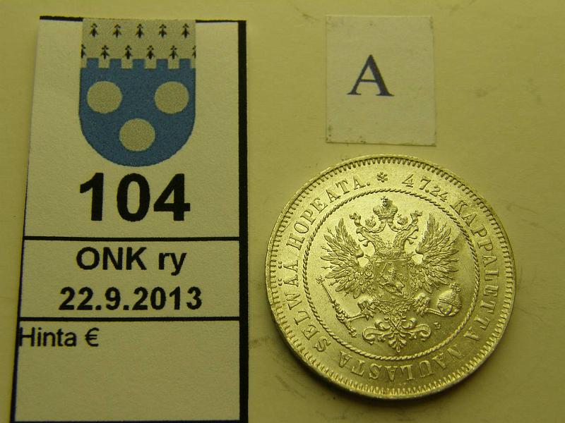 k-0104-a.jpg - Kohde 104 (kuva 1/2), lhthinta: 40 € / myyntihinta: 52 € 2 mk 1908 Ag, eprv, epij, loistelias!, kunto: 9/8