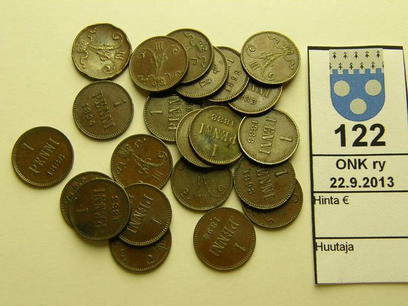 k-0122-a.jpg - Kohde 122, lhthinta: 15 € / myyntihinta: 32 € 1 p (22) 1883-99 Cu, 1883(2), -88(5), -91, -92(6), -93, -94(3), -95(2), -99(2), kunto: 4-6