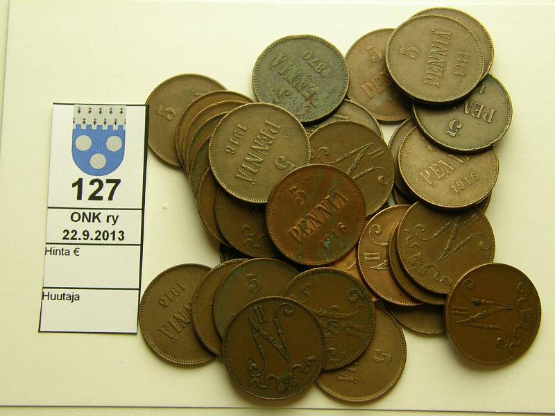 k-0127-a.jpg - Kohde 127, lhthinta: 15 € / myyntihinta: 26 € 5 p (33) 1866-1917 Cu, 1866, -70, -88, 1907, -08, -13(2), -14, -15(7), -16(12), -17(6), kunto: 2-7