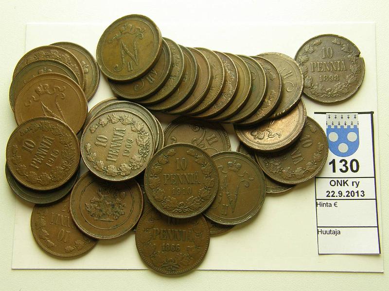 k-0130-a.jpg - Kohde 130, lhthinta: 15 € / myyntihinta: 40 € 10 p (34) 1865-1917 Cu, 25 eril., kaikki v:t paitsi 1875, 1898 lovettu kl0, osassa vikoja, kunto: 0-6