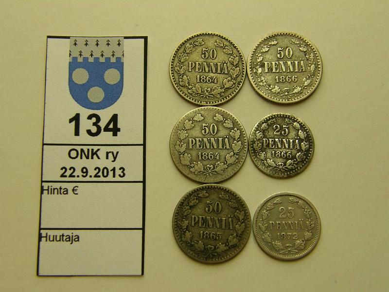 k-0134-a.jpg - Kohde 134, lhthinta: 15 € / myyntihinta: 22 € 25-50 p (2+4) 1864-72 Ag, 25p 1866 taipunut, -72; 50p 1864(2 kpl), -65, -66, kunto: 1-4