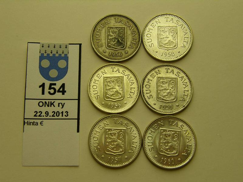 k-0154-a.jpg - Kohde 154, lhthinta: 40 € / myyntihinta: 42 € 100 mk (6) 1956-60 Ag, 1956(2kpl), 1957, 1958, 1959(kl7), 1960(kl9), kunto: 5-9