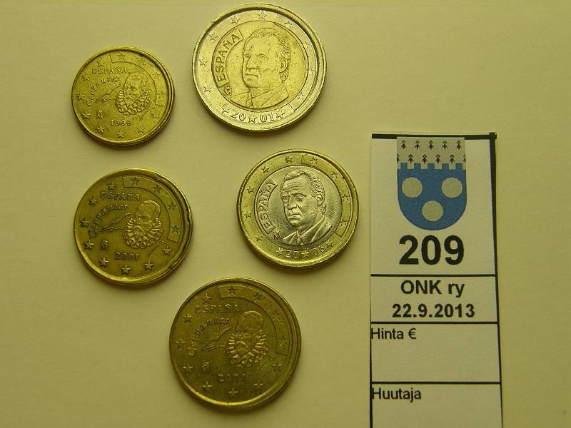 k-0209-a.jpg - Kohde 209, lhthinta: 50 € 10 s - 2 € Espanja (5) 1999-2006 ohilytyj: toinen reuna leve. 10s 1999; 20, 50s, 2€ 2001; 1€ 2006, kunto: 5