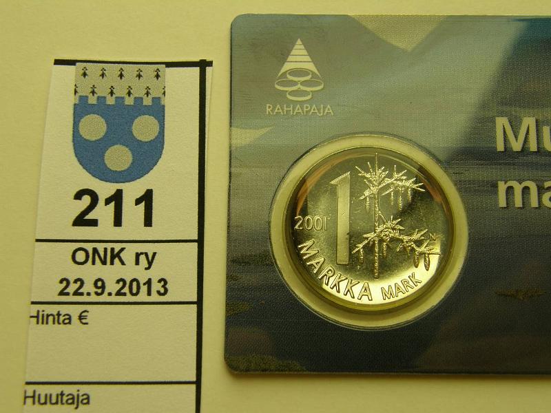 k-0211-a.jpg - Kohde 211, lhthinta: 5 € / myyntihinta: 5 € 1 mk 2001 CuNi, Muistojeni markka, kortissa, kunto: 9