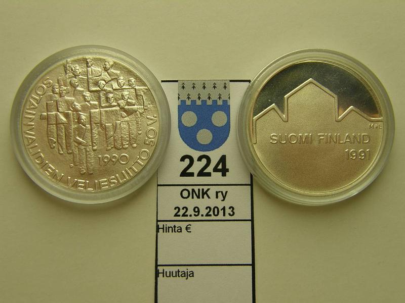 k-0224-a.jpg - Kohde 224, lhthinta: 25 € / myyntihinta: 25 € 100 mk 1990, -91 Ag, Sotailvalidien Veljesliitto, MM kisat, kapselit, kunto: 9,9