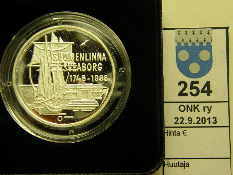 k-0254-a.jpg - Kohde 254, lhthinta: 38 € / myyntihinta: 38 € 100 mk 1998 Ag, proof, Suomenlinna 250v, kotelo, tod, kunto: 10