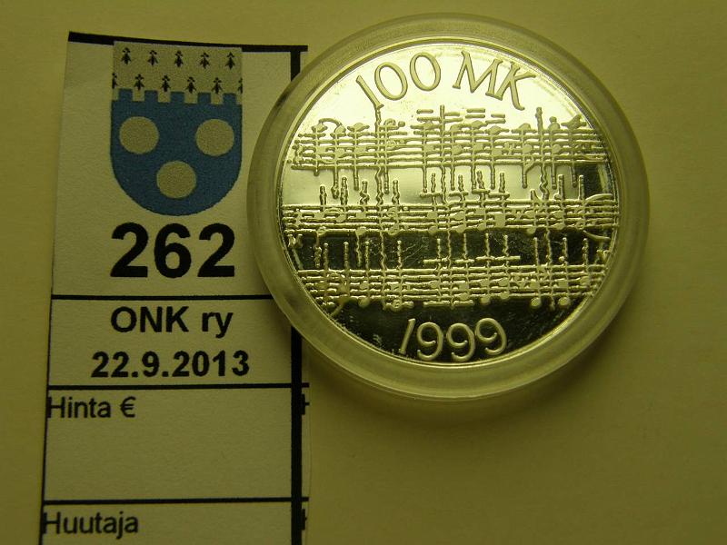 k-0262-a.jpg - Kohde 262, lhthinta: 28 € / myyntihinta: 28 € 100 mk 1999 Ag, proof, Sibelius, kapseli, tod, kunto: 10