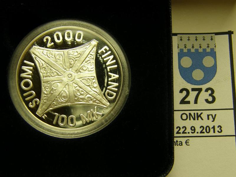 k-0273-a.jpg - Kohde 273, lhthinta: 100 € / myyntihinta: 110 € 100 mk 2000 Ag, proof, Riemuvuosi, kotelo, tod, kunto: 10