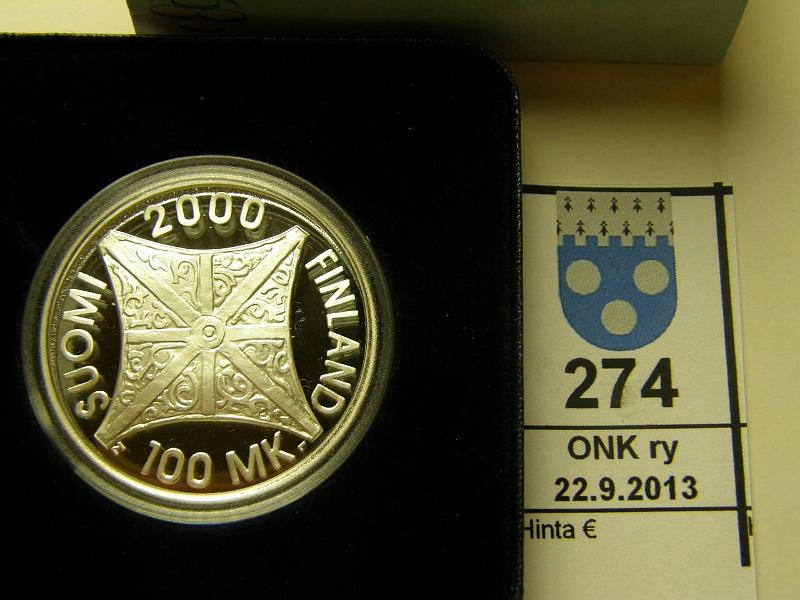 k-0274-a.jpg - Kohde 274, lhthinta: 100 € / myyntihinta: 120 € 100 mk 2000 Ag, proof, Riemuvuosi, kotelo, tod, kunto: 10