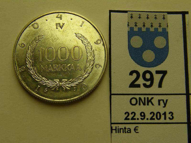 k-0297-a.jpg - Kohde 297, lhthinta: 15 € / myyntihinta: 15 € 1000 mk 1960 Ag, markka 100v, kunto: 7