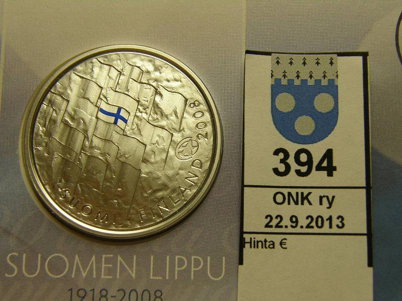 k-0394-a.jpg - Kohde 394, lhthinta: 24 € / myyntihinta: 24 € 10 € 2008 Ag, proof, Suomen lippu 90v, kuoressa, kunto: 10