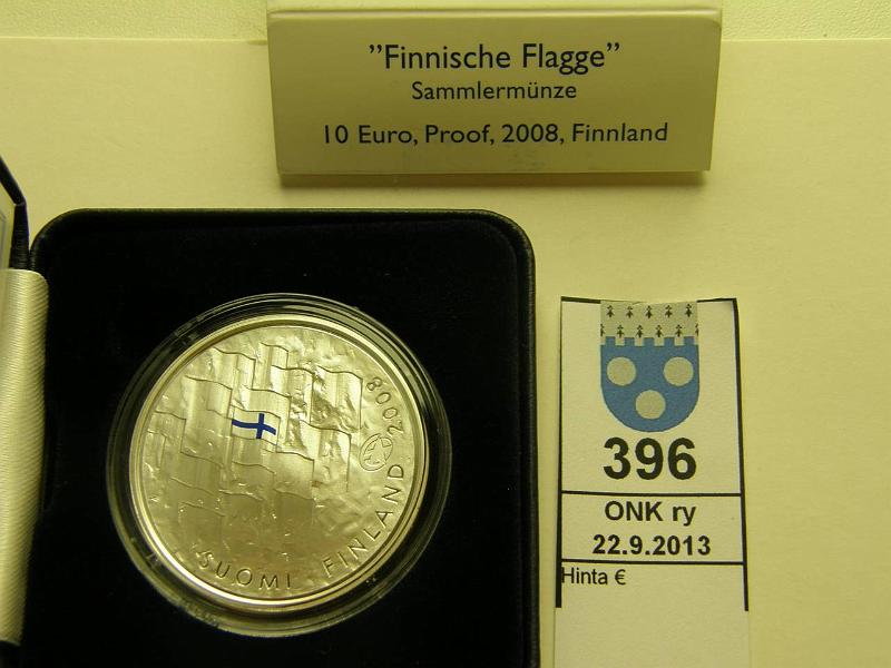 k-0396-a.jpg - Kohde 396, lhthinta: 24 € / myyntihinta: 26 € 10 € 2008 Ag, proof, Suomen lippu 90v, kotelo, tod, kunto: 10