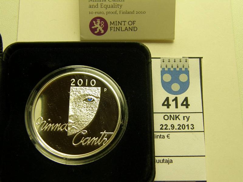 k-0414-a.jpg - Kohde 414, lhthinta: 27 € / myyntihinta: 33 € 10 € 2010 Ag, proof, Canth, kotelo, tod, kunto: 10