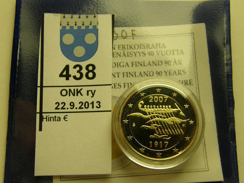 k-0438-a.jpg - Kohde 438, lhthinta: 8 € / myyntihinta: 9 € 2007 proof, Itsenisyys 90v, kapseli, muovikotelo, tod, jossa km, kunto: 10