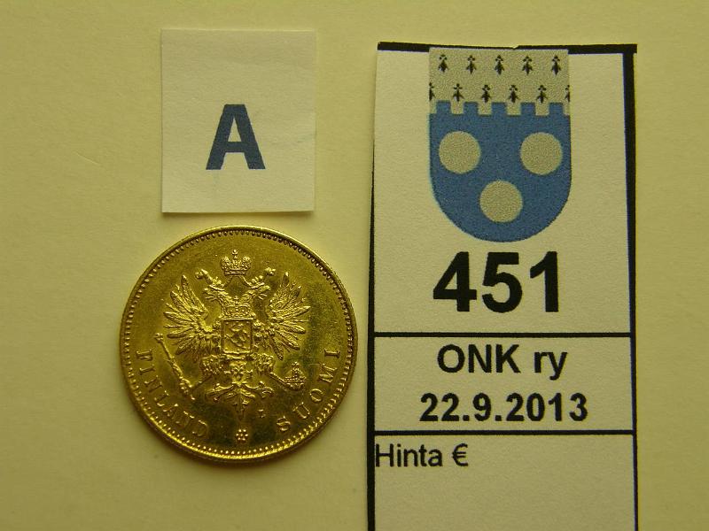 k-0451-a.jpg - Kohde 451 (kuva 1/2), lhthinta: 400 € / myyntihinta: 560 € 20 mk 1891 Au, arvopuolella naarmu, hnja, kunto: 7