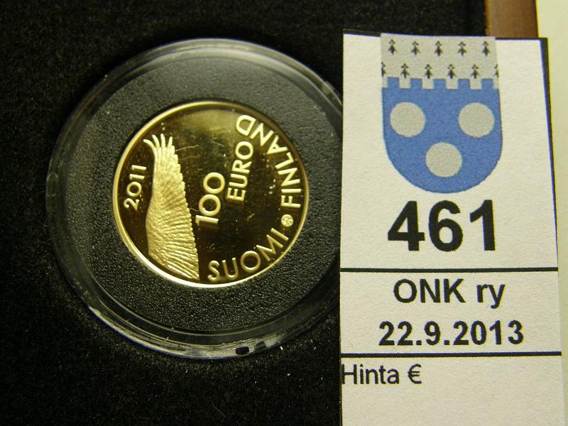 k-0461-a.jpg - Kohde 461, lhthinta: 250 € / myyntihinta: 290 € 100 € 2011 Au, proof 5,65 g/917, Suomen Pankki 200v, puukotelo, tod, kunto: 10