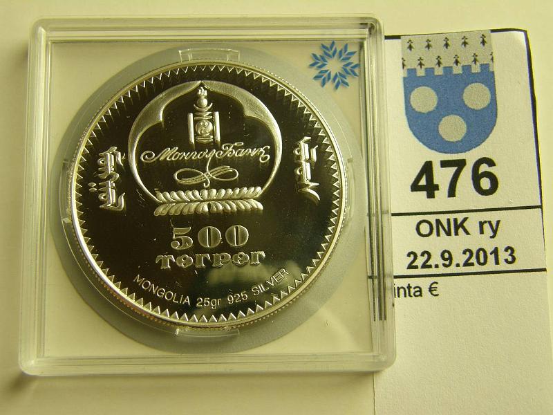 k-0476-a.jpg - Kohde 476, lhthinta: 20 € / myyntihinta: 21 € Mongolia 500 tugrik 2001 KM#191 Ag, proof, 25g/925, Salt Lake City 2002, pikaluistelija, kapseli, kunto: 10