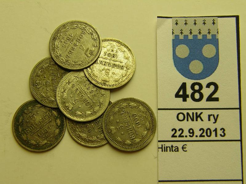 k-0482-a.jpg - Kohde 482, lhthinta: 5 € / myyntihinta: 42 € 5 kop (7) 1845-1901 C#163; Y#19a.1 Ag, 1845, -84, -90, -93, -97, 1900, -01, kunto: 4-7