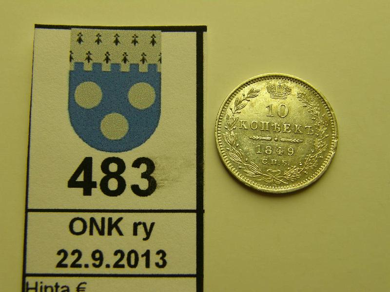 k-0483-a.jpg - Kohde 483, lhthinta: 5 € / myyntihinta: 52 € 10 kop 1849 C#164.1 Ag, II A, eprvja, hnja, kunto: 7/8