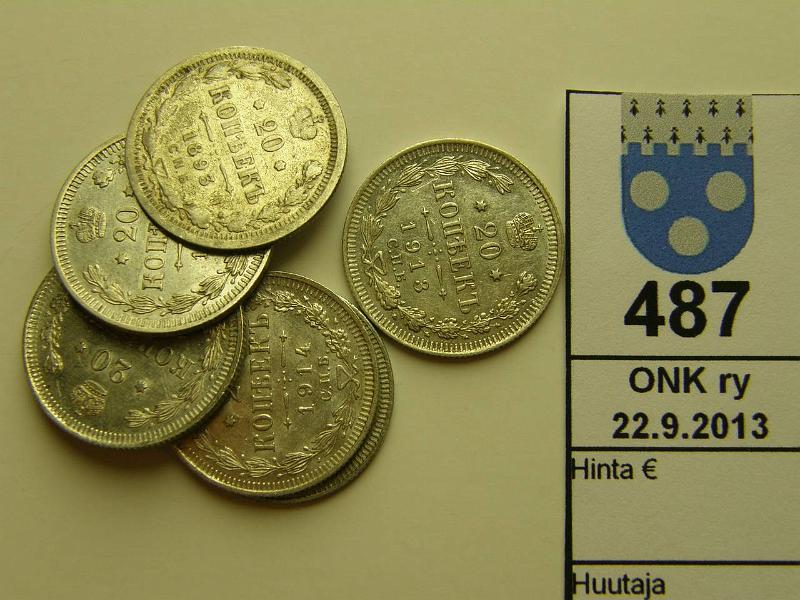 k-0487-a.jpg - Kohde 487, lhthinta: 5 € / myyntihinta: 19 € 20 kop (6) 1893-1915 Y#22a.1 Ag, 1893 (kl3), 1909, -13, -14, -15 (muut kl 6-9), kunto: 3,6-9